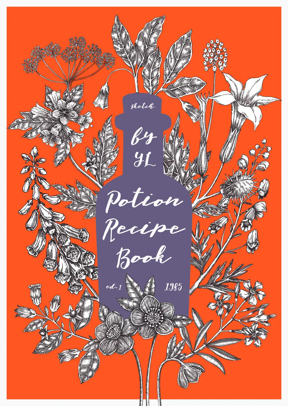 Witchcraft book cover design. Witch herbs background. Vintage apothecary poster, flyer, card template. Poisonous plants hand drawn illustration. NOT AI generated Illustration
